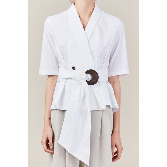 New Isa Arfen Poplin Double Button Pleated Robe Top With Sash $565 Sz 4 White - Picture 2 of 5